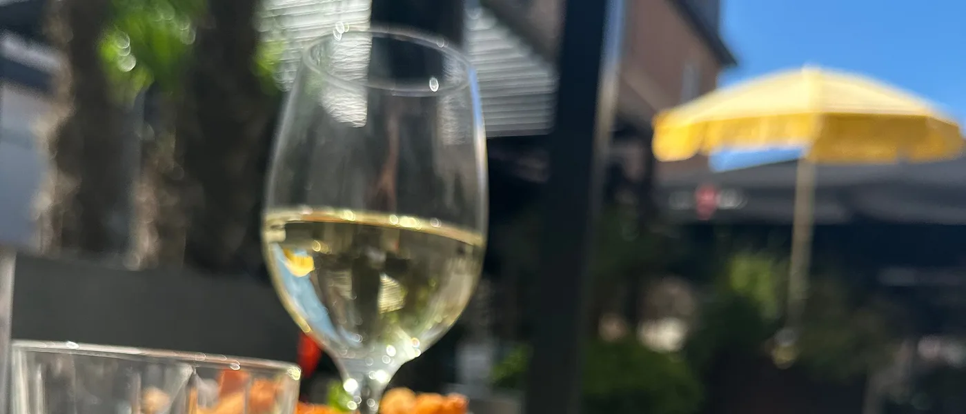 Verre de vin blanc en terrasse sur le Vlasmarkt, au soleil